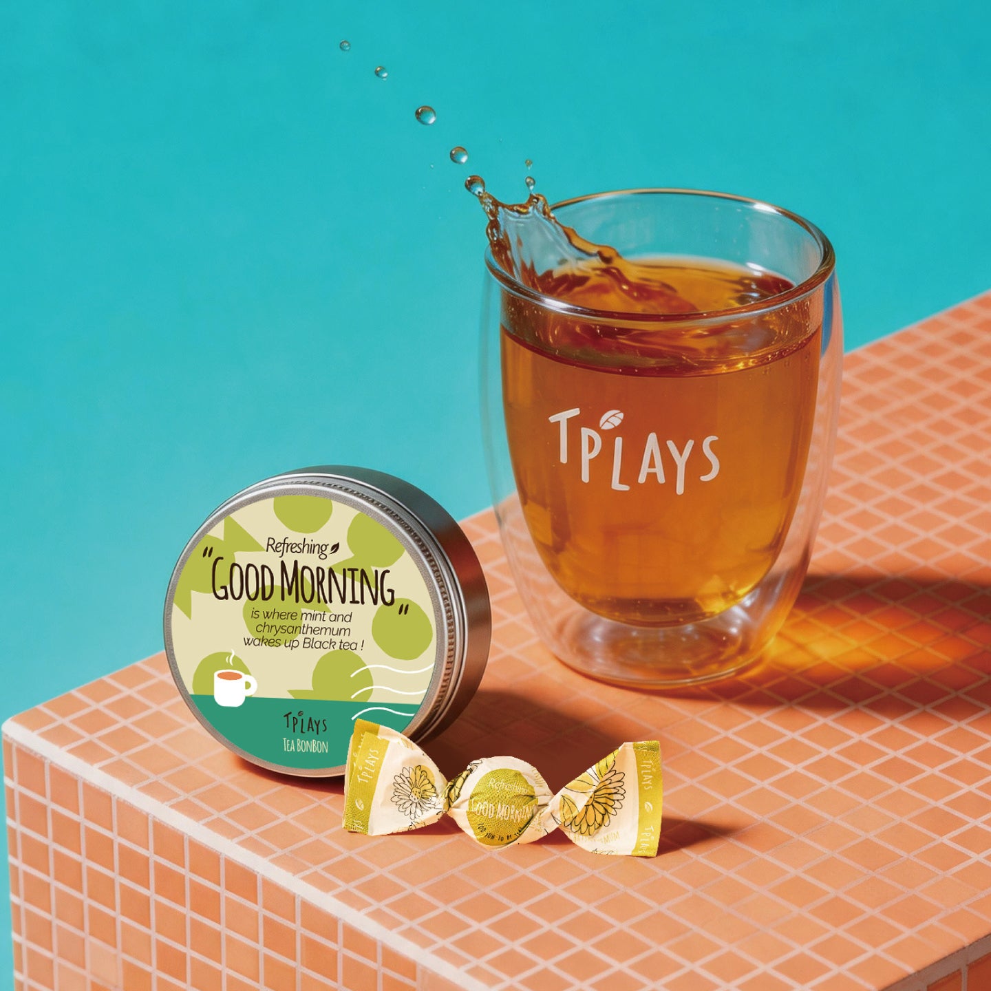 Tea Bonbon Refreshing Good Morning tin with brewed black tea glass