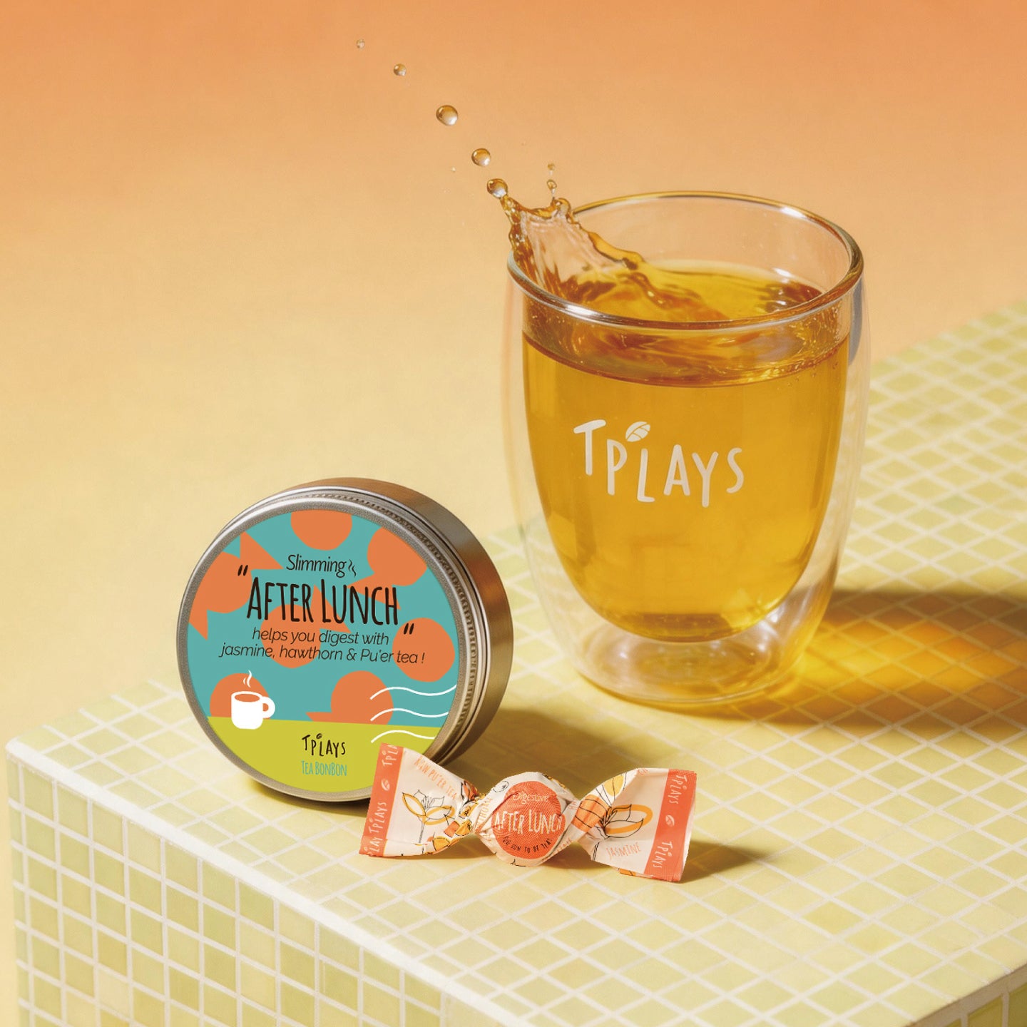 Tea Bonbon Digestive After Lunch tin with brewed iced tea glass